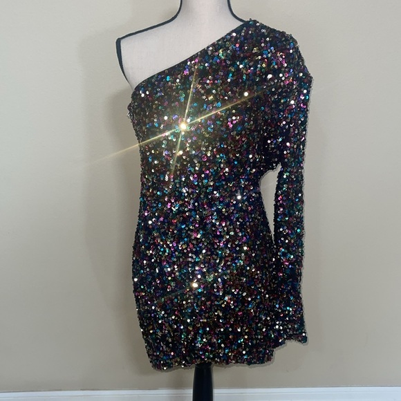 Sequin multicolor one shoulder mini dress size 1XL - Picture 3 of 7